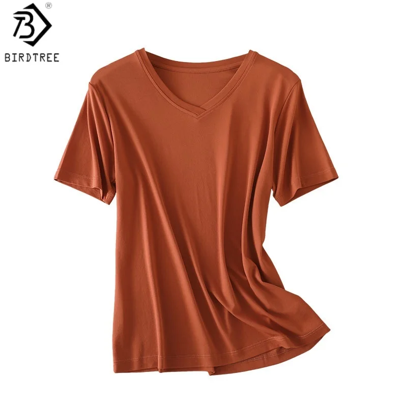 

Футболка Birdtree, L-3XL, 100% натуральный шелк, с V-образным вырезом, базовая однотонная повседневная модель, женская мягкая рубашка с коротким рукавом, новинка 2026 года T62309JF