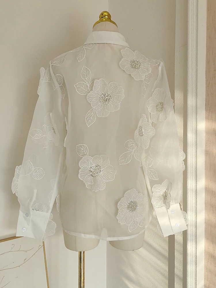 GALCAUR Elegant Embroider Printing Shirts For Women Lapel Long Sleeve Single Breasted Spliced Sequins Spring Solid Blouse Female