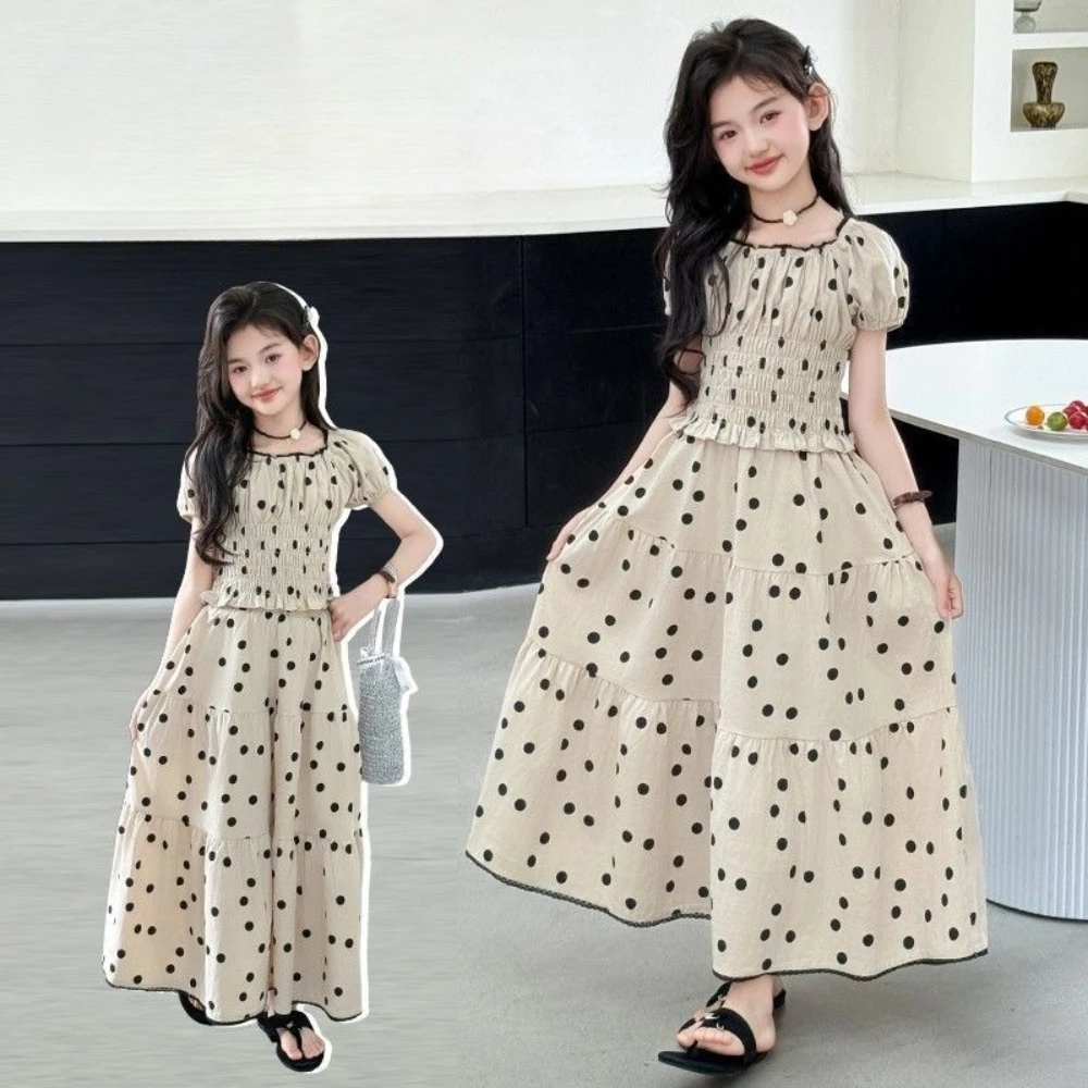 Bear Leader Teenager-Mädchen-Kleidung, 2025, Sommer, neue Kinder-Sets, gepunktet, koreanische Version, Blasenärmel, elastisches Oberteil + halber Rock