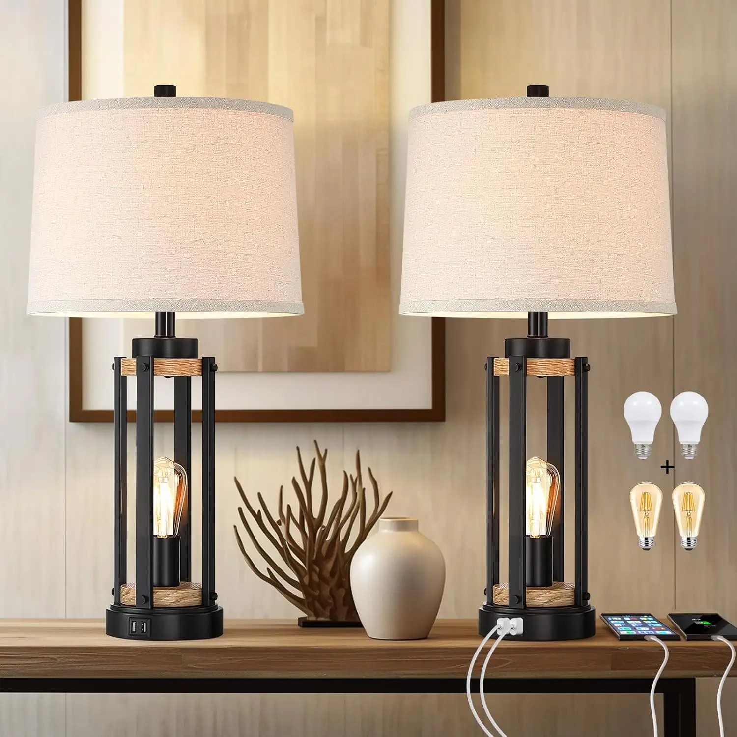 Set of 2 Farmhouse Table Lamps, 26' Rustic Vintage Bedside Lamps with USB Charging & Night Light, Bulbs Included