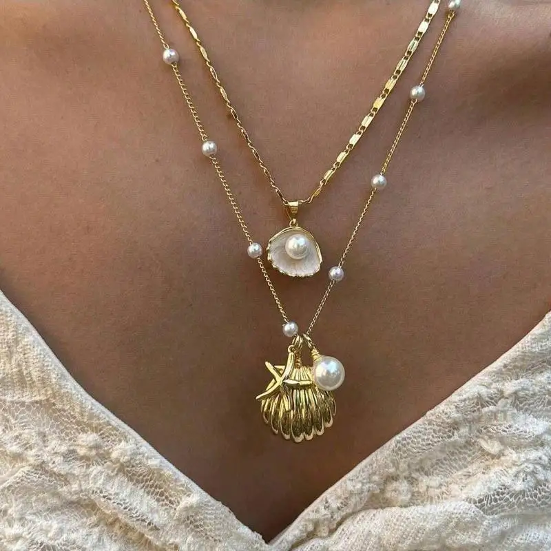 2pcs/Set Fashion Boho Gold Color Marine Shell Starfish Pendant Pearl Chain Multi Layer Necklace For Women Jewelry Sets