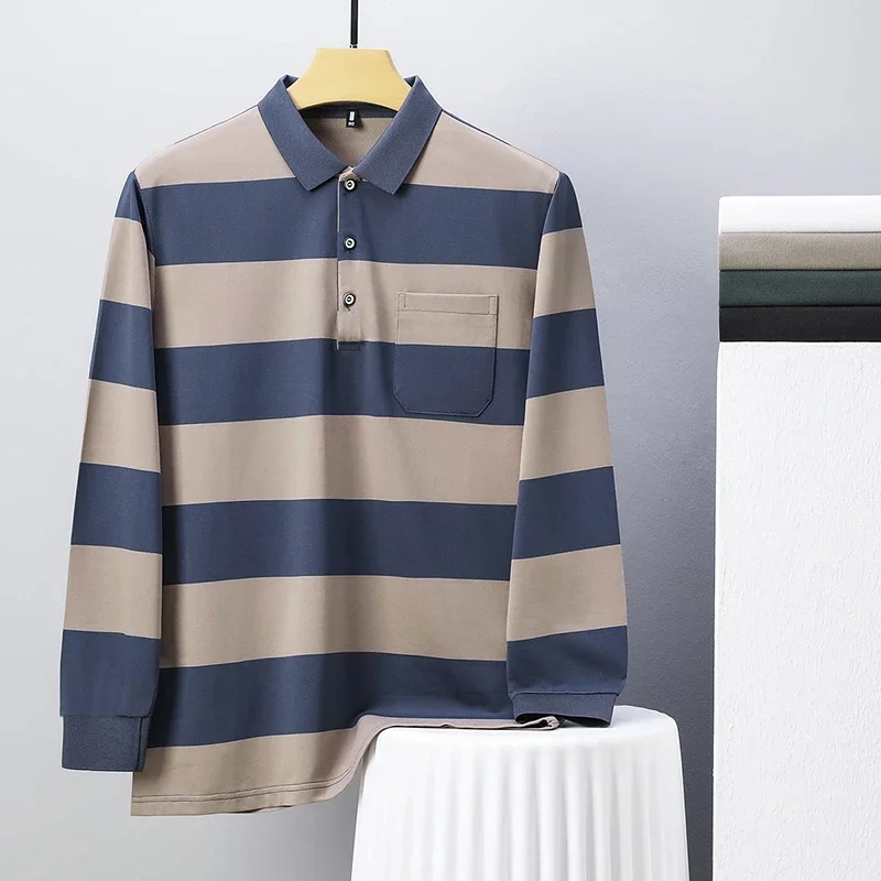 

Мужская рубашка поло оригинального качества, футболка с длинным рукавом и лацканами, осенняя новинка, контрастный цвет, полосатый карман, модная деловая мужская одежда