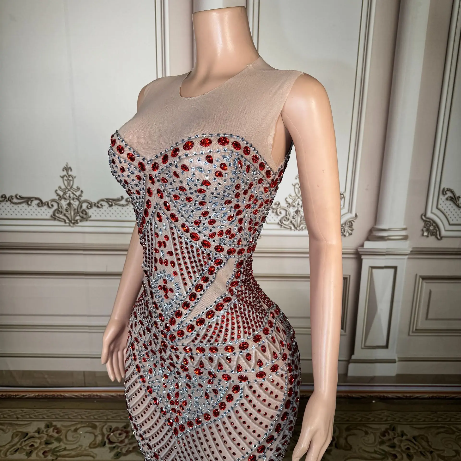 Net Fabric High Slit Revealing Rhinestone Dress for Female Singers Stage Performances Hosts Banquets and Formal Evening Gowns
