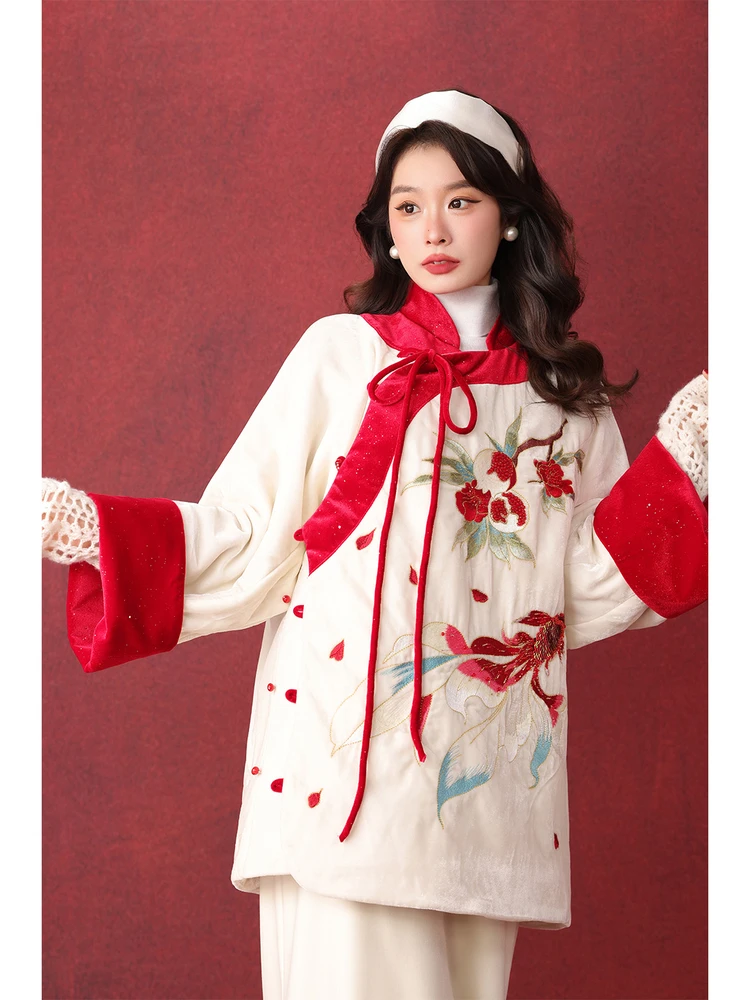 

Chinese Sle Stand Collar Asymmetrical Wool Cotton Robe Coat New Snowy Carp Design Long Sve Commute Friendly Hanfu Top