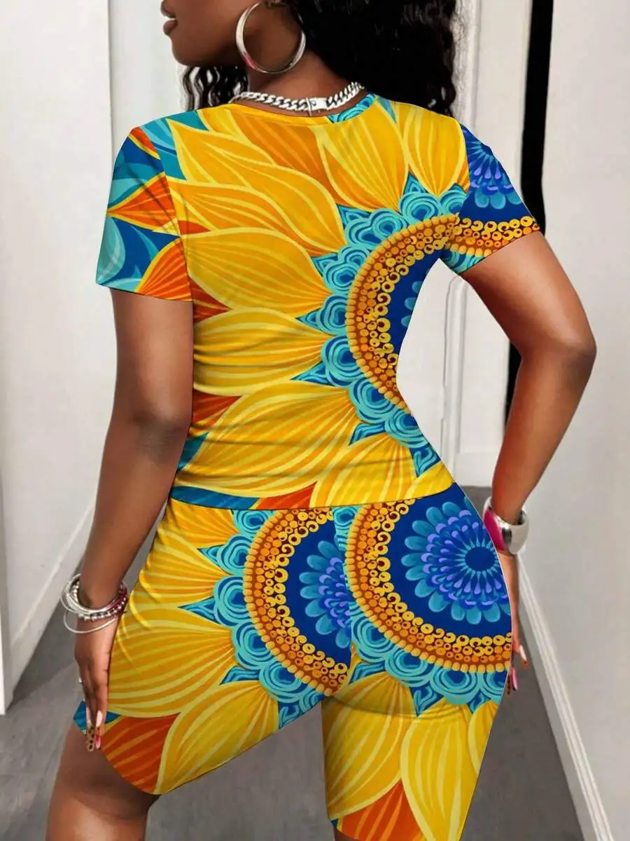 

Womens Two Piece Set Crop Top And Shorts With Sunflower Print