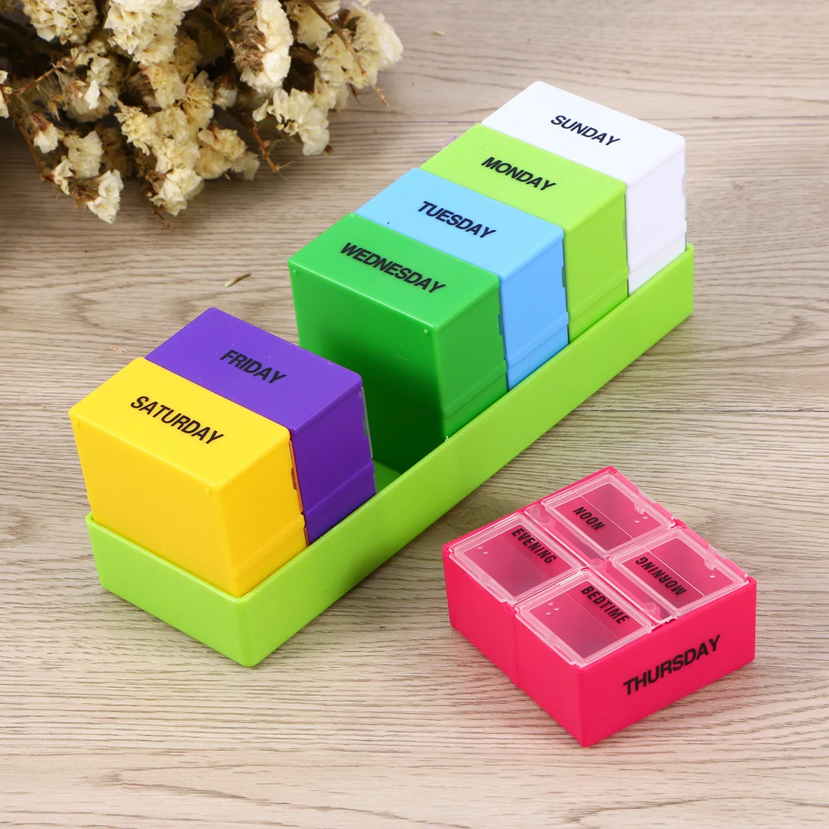 

Colorful 7 Day 28 Slot Pill Organizer Case Vitamin and Medication Storage with Time of Day Labels Weekly Dose Container Box