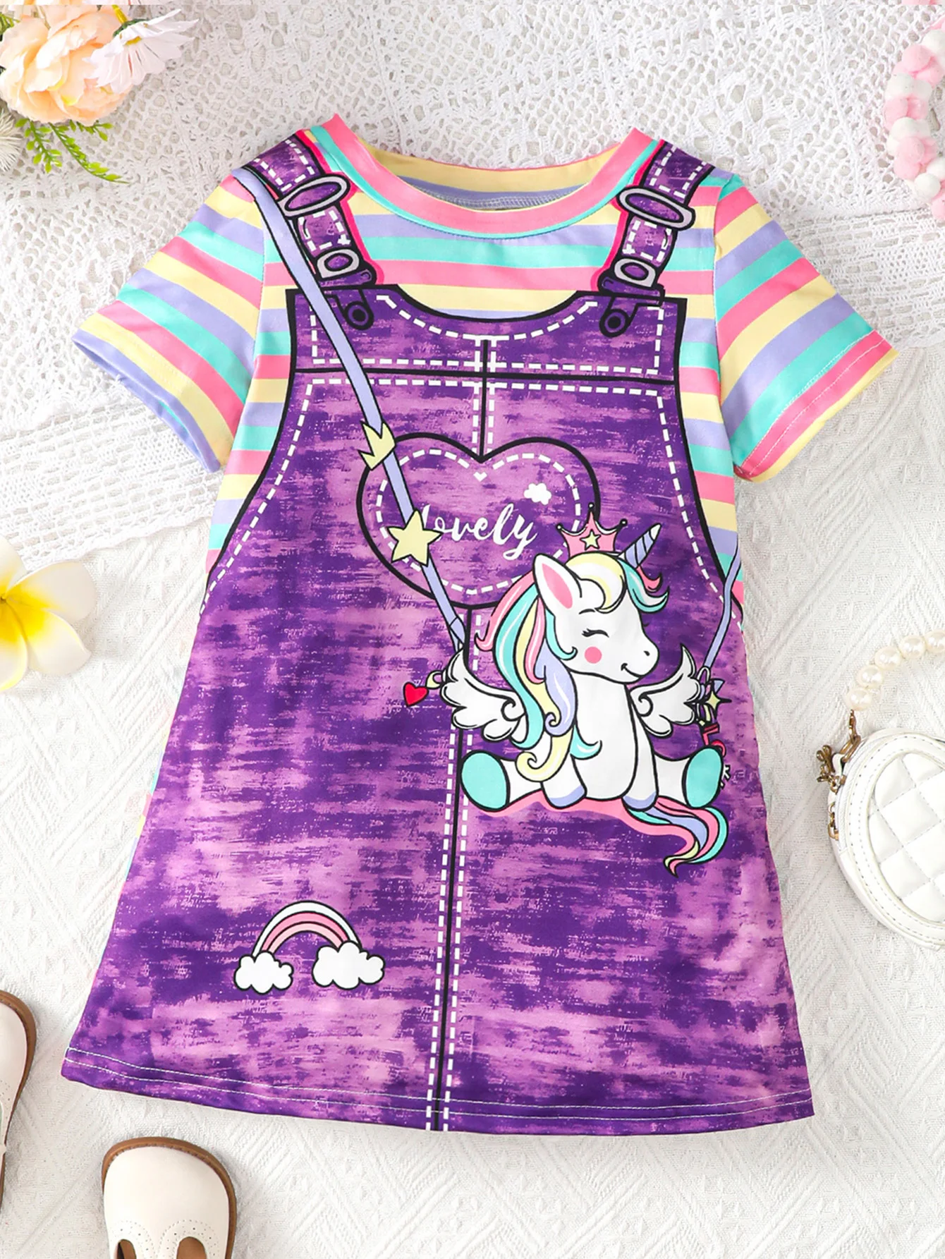 Summer girl's short sleeved round neck unicorn rainbow stripe print cute casual deep purple dress