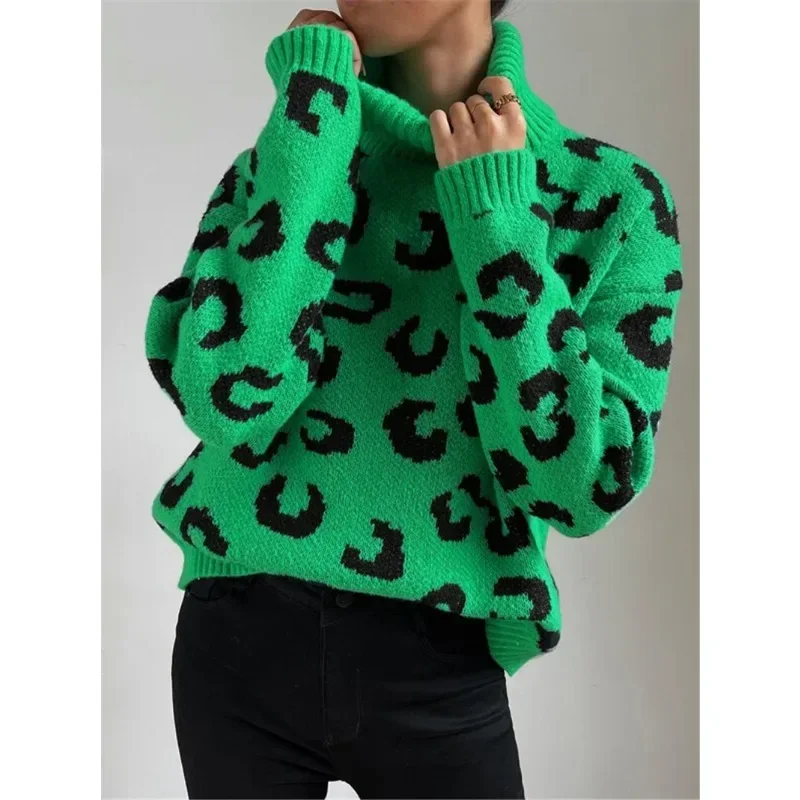 

2024 Autumn/winter New Leopard Print Turtleneck Knit Pullover Personalized Street Style Women's Casual Loose Sweater