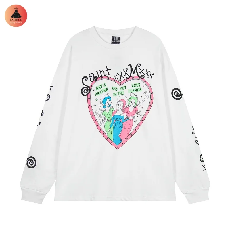 Saint Love People Fashion White Printed Long Sleeve T-shirt High Quality 1:1 Autumn Winter High Street Round Neck Tops T-shirt