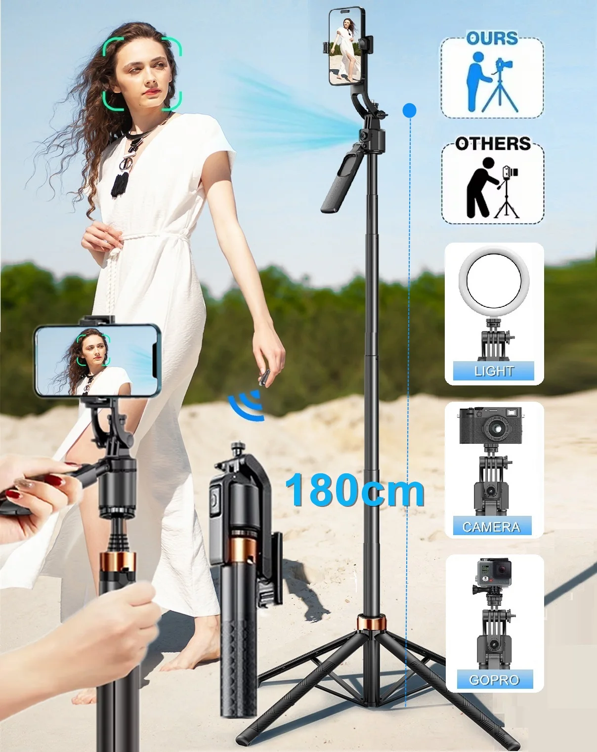 180cm/70.9in Portable Gimbals Stabilizers Auto Facial Tracking Selfie Stick Tripod GoPro Action Camera Mobile Phone Holder Stand