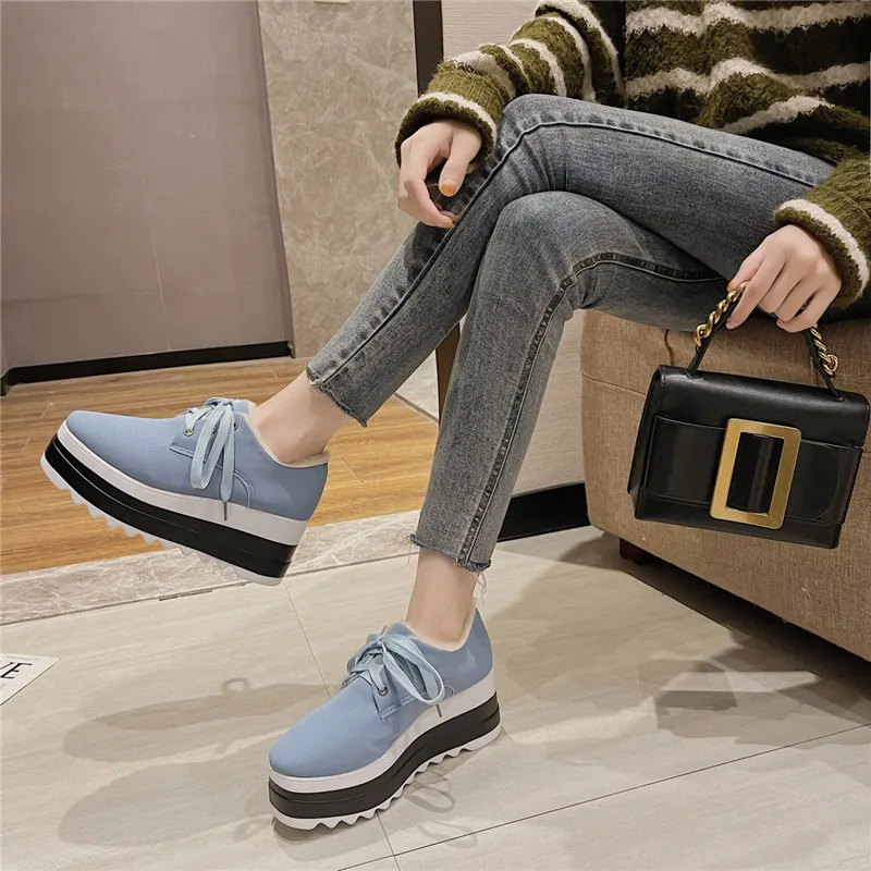 COOTELILI 2024 Wniter Warm Shoes Woman Wedge Pumps Women Sneakers Flats Platform Shoes With Plush 7cm Heels Lace Up Size 35-40