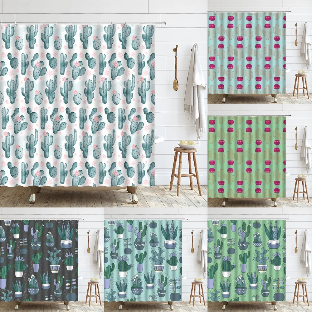 Potted Plants Shower Curtain Green Plant Cactus Succulents Botanical Tropical Fresh Fabric Bathroom Decor Curtains Include Hooks