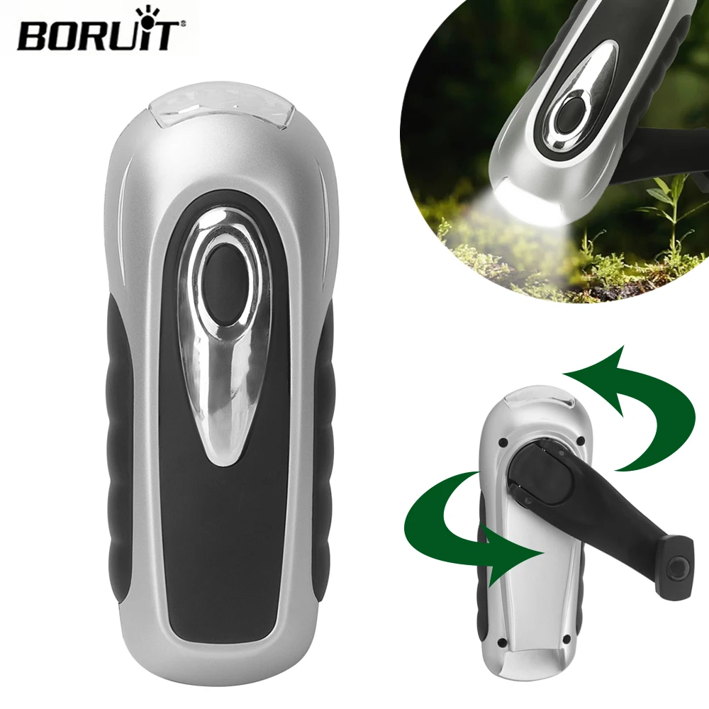 BORUIT LED-Taschenlampe, Handkurbel, Dynamo, Solarenergie, Taschenlampe, Outdoor, Camping, Wandern, große Reichweite, Notfalllaterne, Überlebensausrüstung, selbst