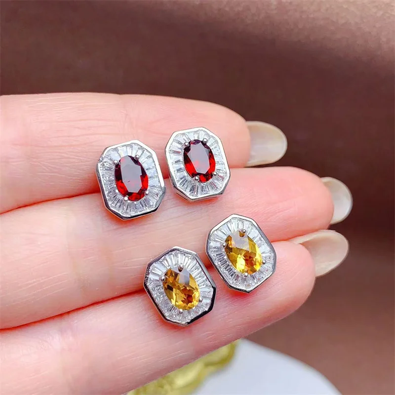 

Natural Garnet Citrine Stud Earrings for Women Girl Original 925 Sterling Silver Gemstone Genuine with Certificate