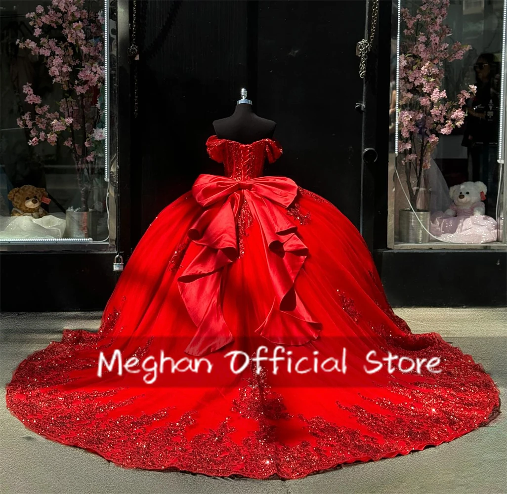 Red Bead Appliques Quinceanera Desses Off The Shoulder Bow Ball Gown 2024 Birthday Luxury Dress Sequin Princess Gown Customized