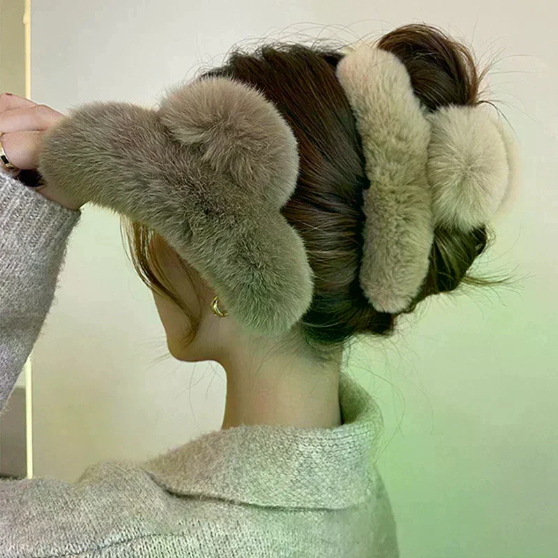 /YOV/Faux Fur Hair Claw Rabbit Hair Hairpins Plush Hair Clip Barrette Crab Headwear For Women Girls Hair Accessories Winter