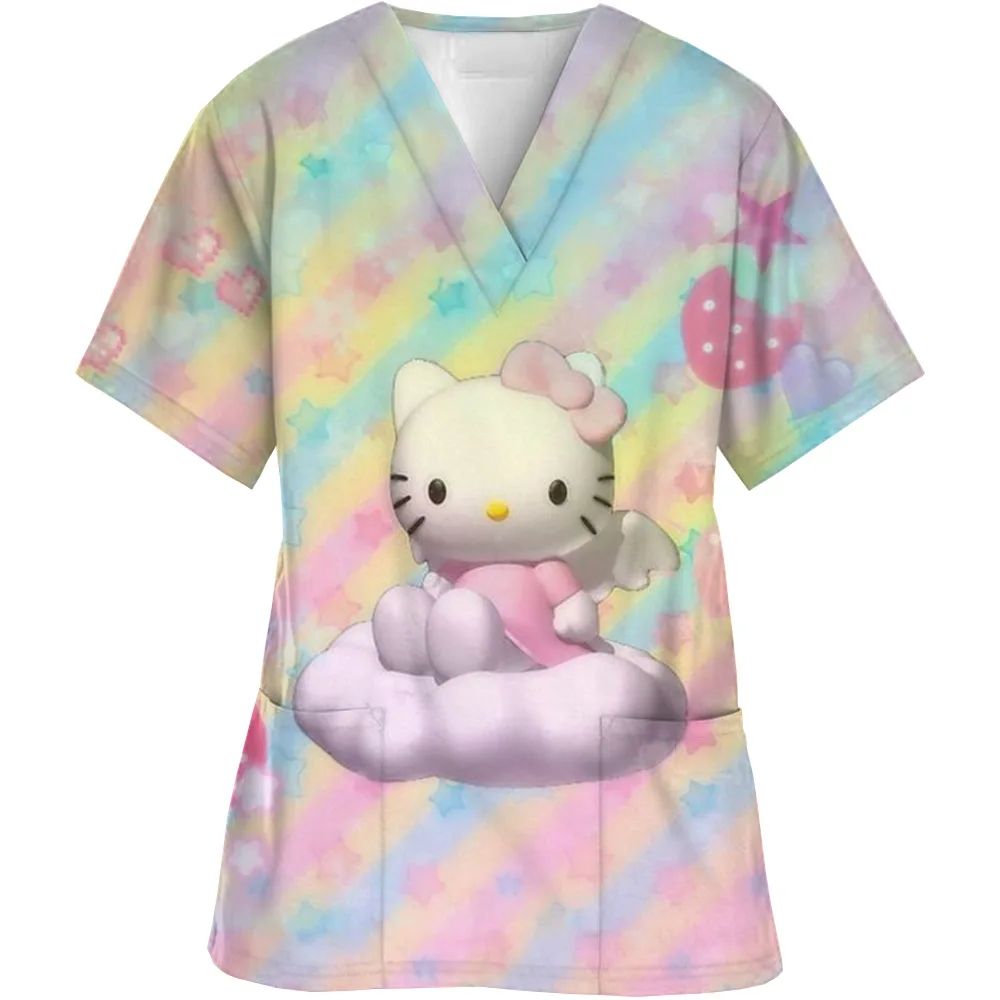 Women Working Uniform cartoon Print cute Hello Kitty Short Sleeve V-neck Tops Femme Blouse Nurse work wear Medical Uniforms