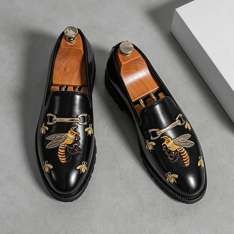 Men's Dress Shoes Fashion Metallic Men Loafers Embroidery Slip on Party Metal Horsebit Thick Sole Formal Wedding Business Shoes