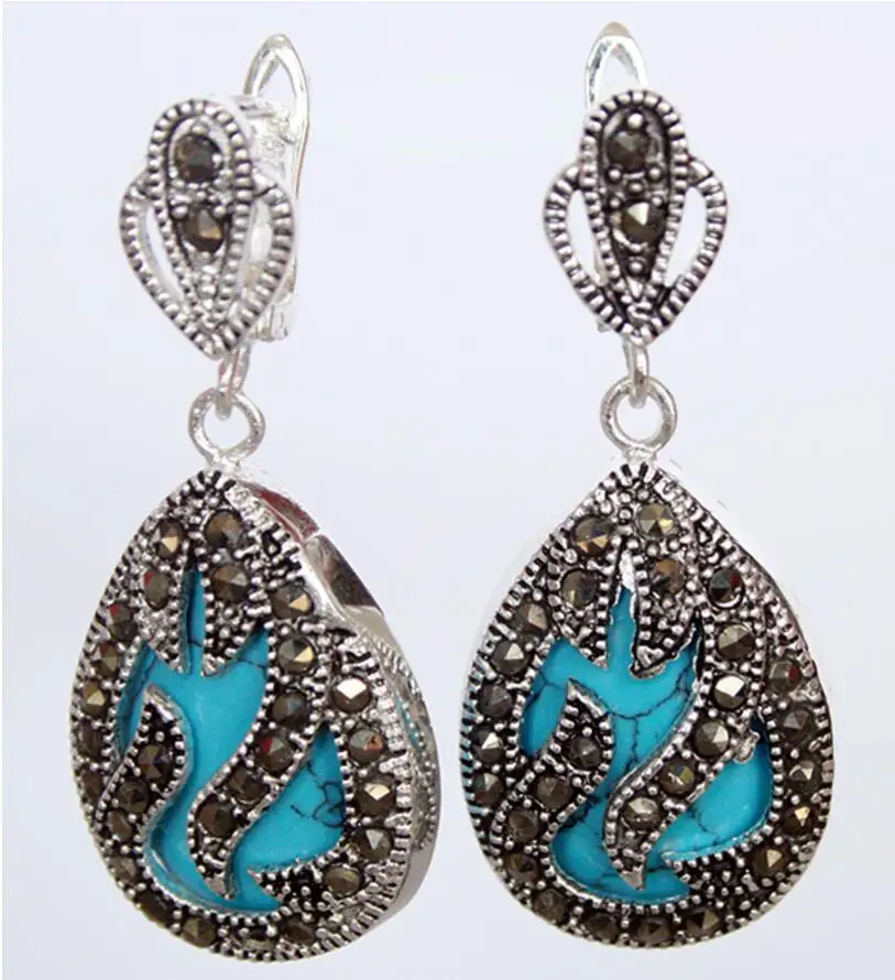 

11/2inch fashionable jewelry 925 Silver Marcasite inlay blue stone Waterdrop Earrings