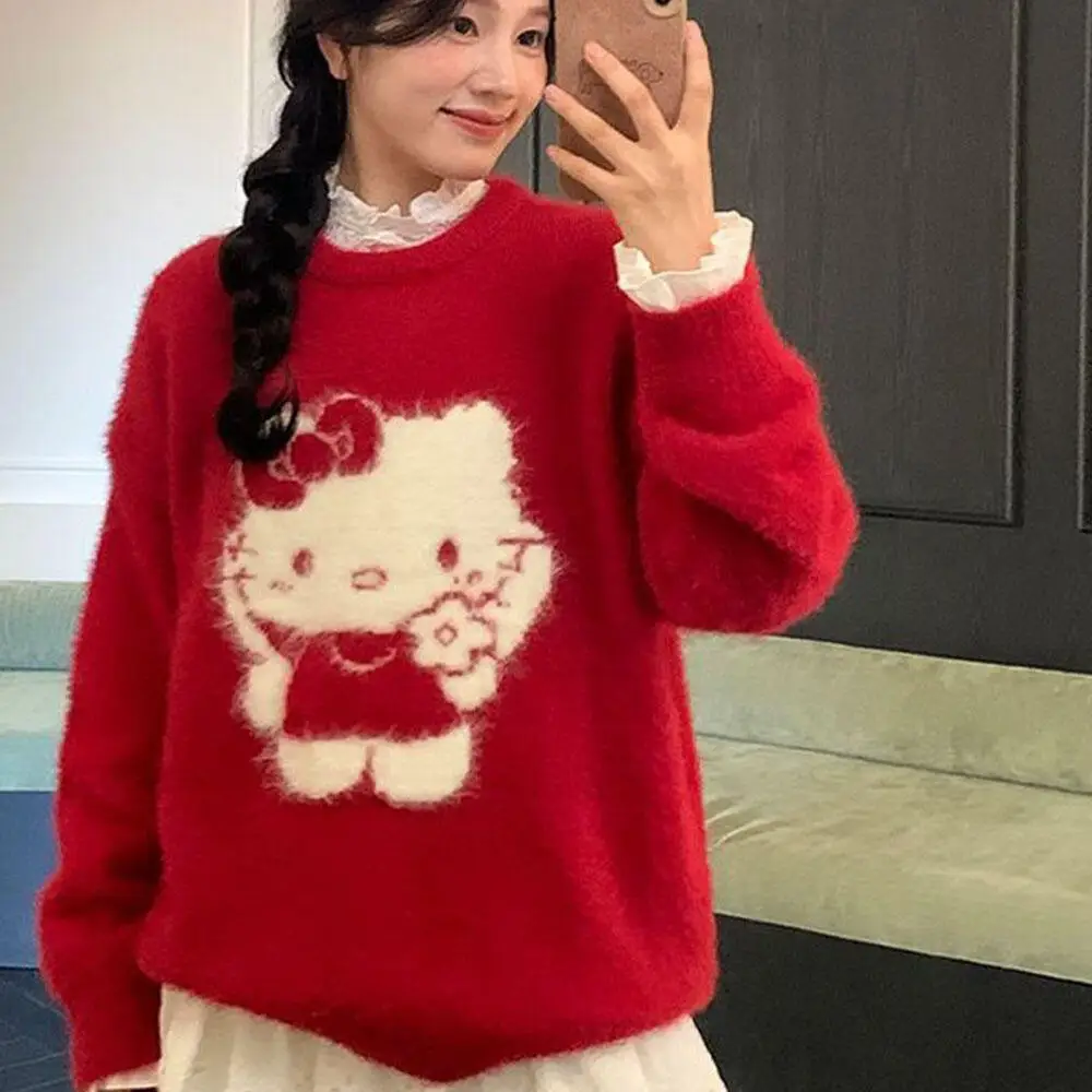 

Christmas Sweet Cute Hello Kitty Girls Sweater Cartoon Women Loose Versatile Autumn Winter Knitting Sweater Tops Festival Gift