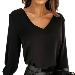 Women Shirt Polyester V-neck Flared Long-sleeved Back Splicing Lace Blouses Women Fashion Shirt Top for Dating Blusas Black 3XL