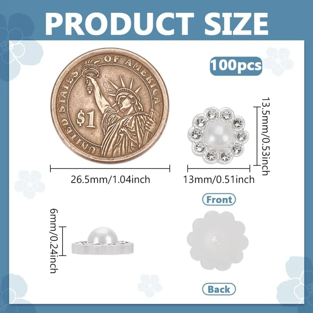 100 PCS Rhinestone Faux Pearl Buttons 0.51x0.53x0.24inch White Flat Back Floral Pearl Buttons Without Hole ABS Plastic Buttons