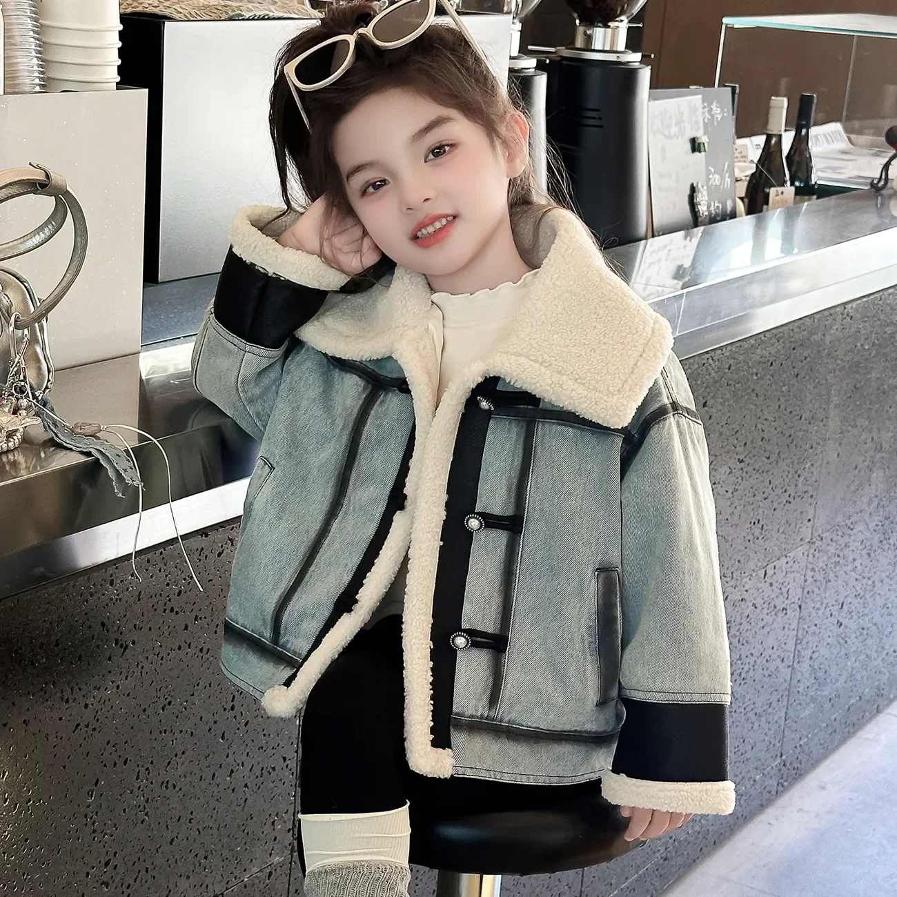 

Winter Elegance Fashion Girls Sweet Casual Kids Princess Plus Velvet Cardigan Denim Jacket Coat+Leggings Pants Children Casual