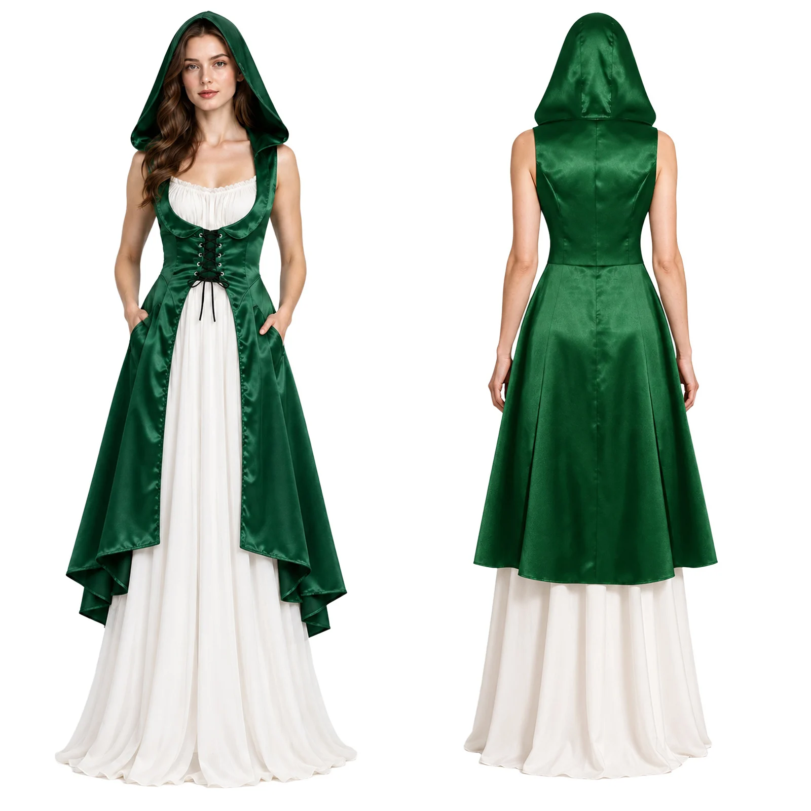Robe de style médiéval, renaisseur et victorien pour femmes, avec laçage, fente, ourlet asymétrique, en satin, à capuche et portée sous la poitrine, idéale pour Halloween, les soirées costumées et les fêtes.