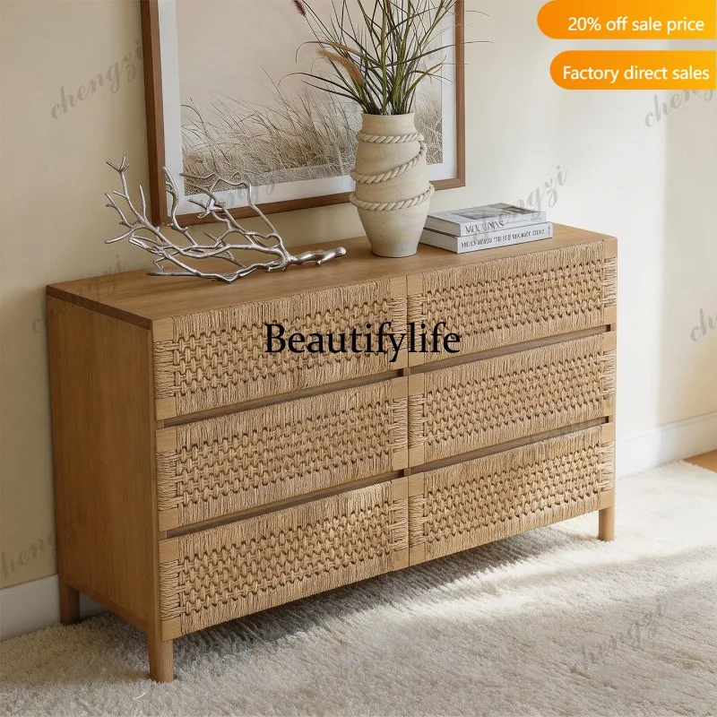 QQ American country solid wood chest rattan storage cabinet bedroom wall locker retro