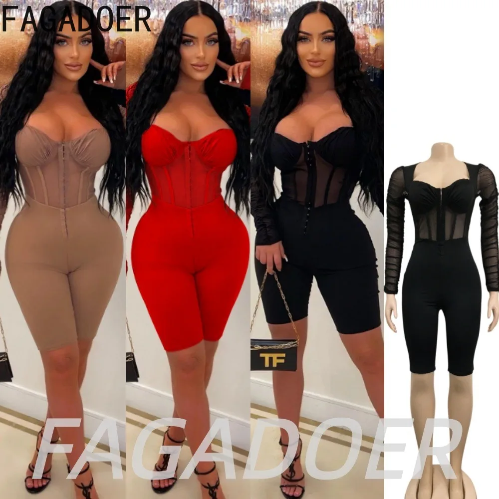 

FAGADOER Sexy Mesh See Through Bodycon Rompers Summer Hot Girl Long Sleeves Ruched Corset Skinny Jumpsuits Streetwear Playsuits