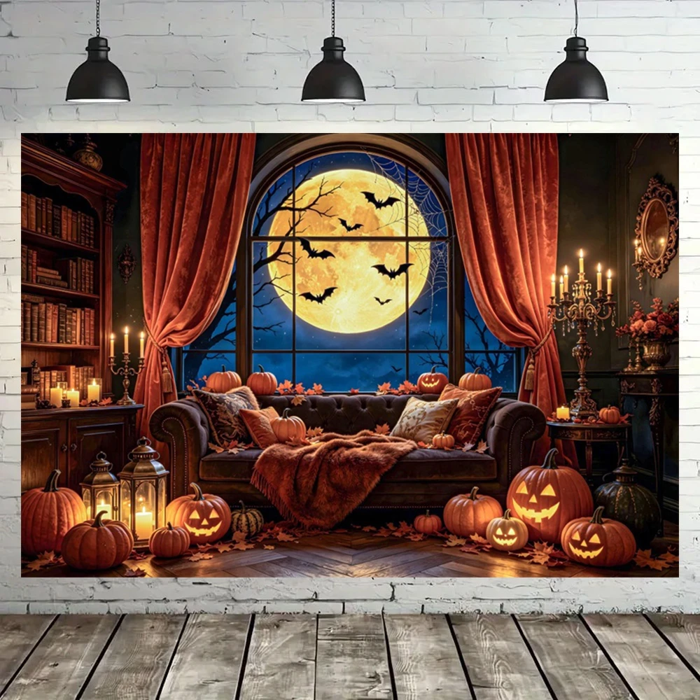 Halloween Horror Moon Night Backdrop Pumpkin Full Moon Bat Window Home Castle Medieval Gothic Party Photography Decor Banner