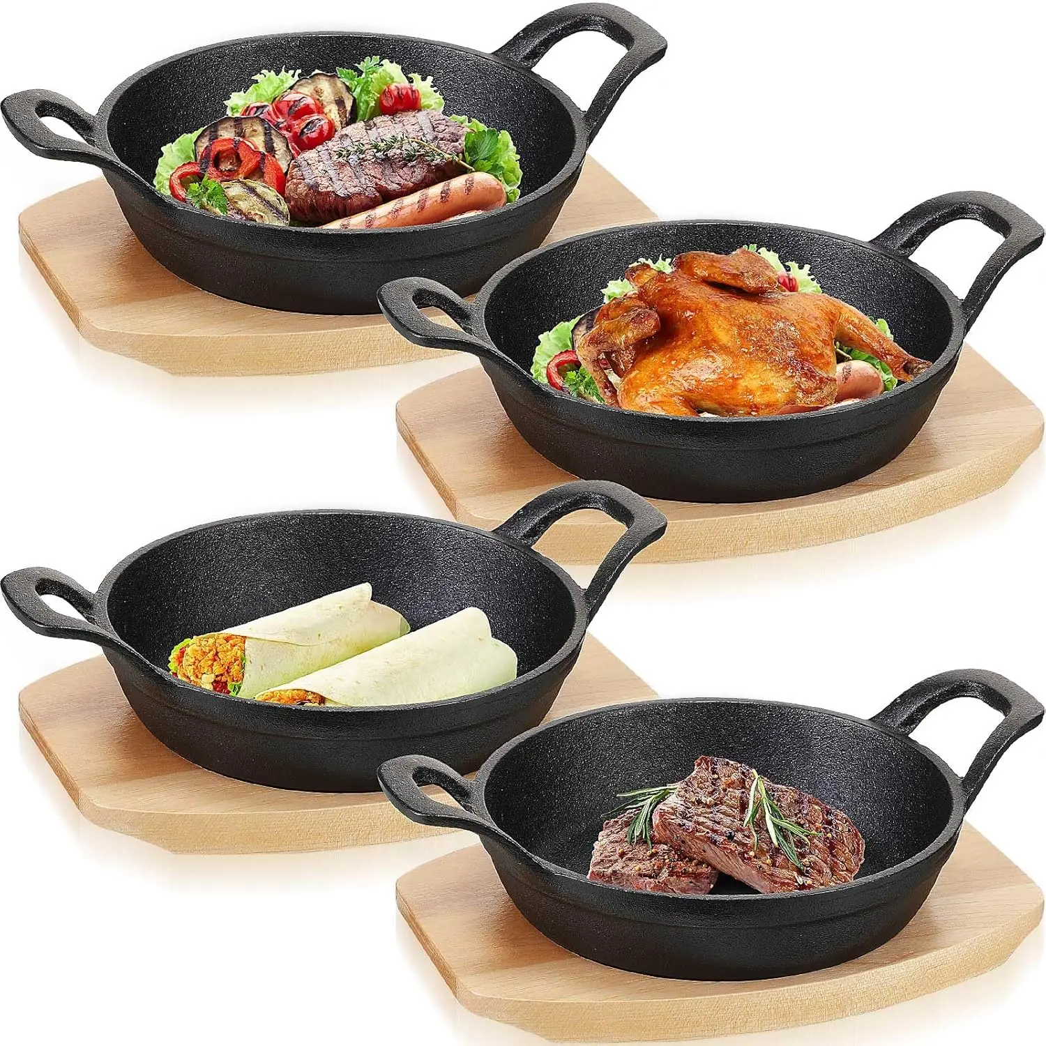 

4-Pack Mini Cast Iron Skillets with Wooden Base, 7.9 Inch Small Round Pans for Baking Cooking