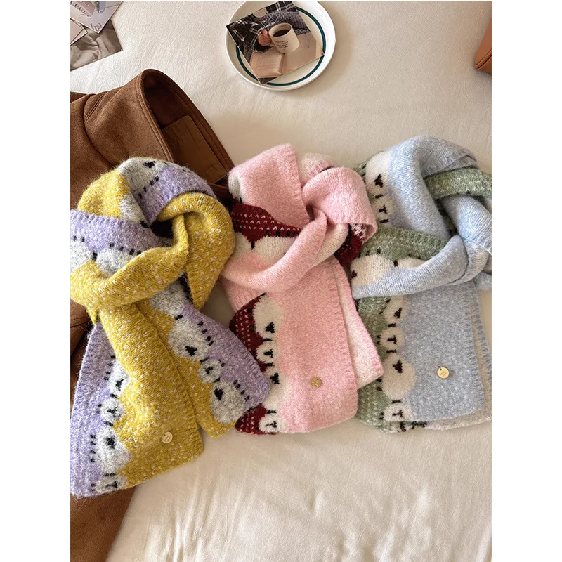 

Милый жаккардовый вязаный шарф с изображением ягненка для женщин: осенне-зимний, модный, простой, студенческий, теплый и морозостойкий.