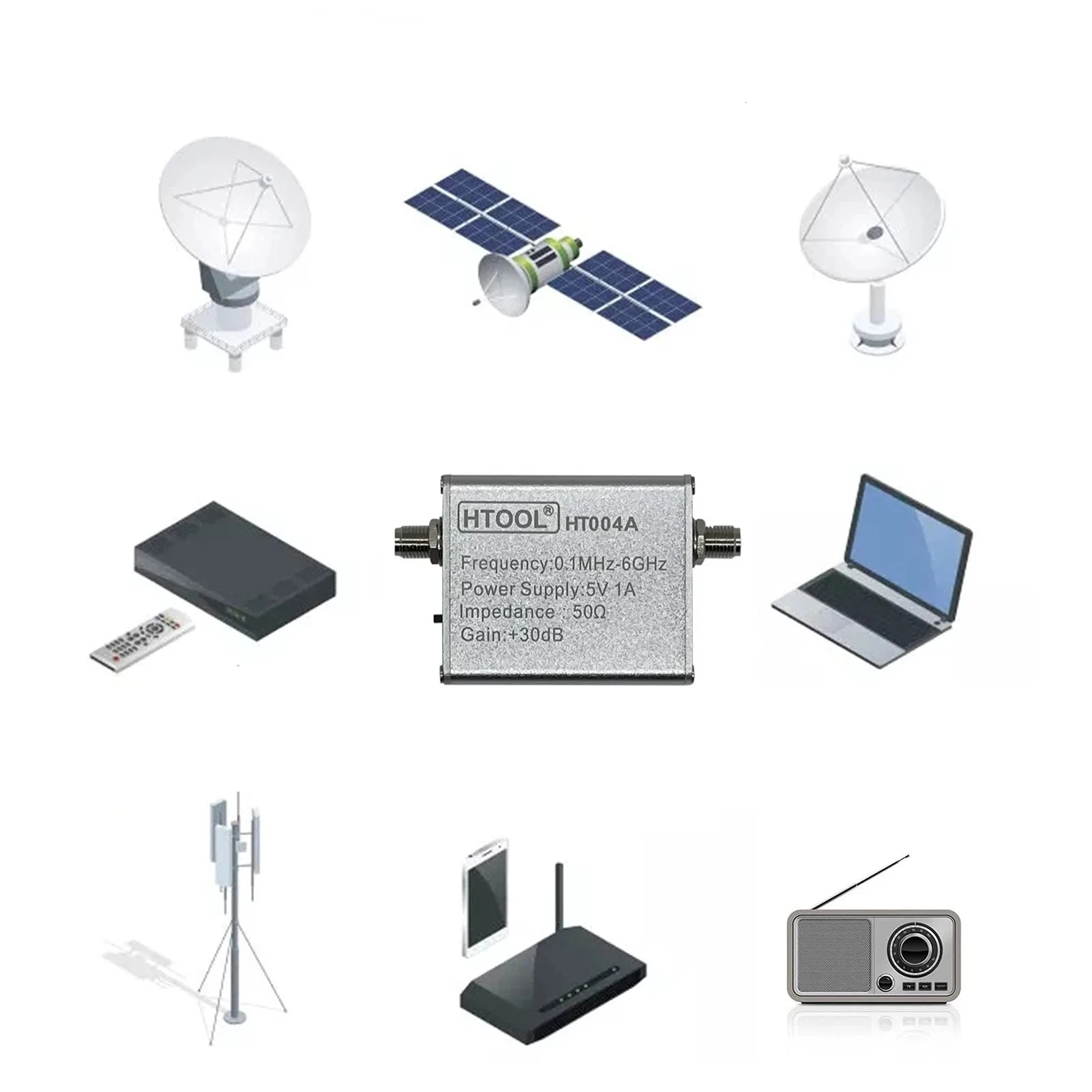 Imagem -03 - Amplificador de Baixo Ruído de Bateria Ht004a 0.1mhz6ghz 30db Alto Ganho Lna para Ondas Curtas Rádio fm Módulo Pré-amplificador de Potência rf