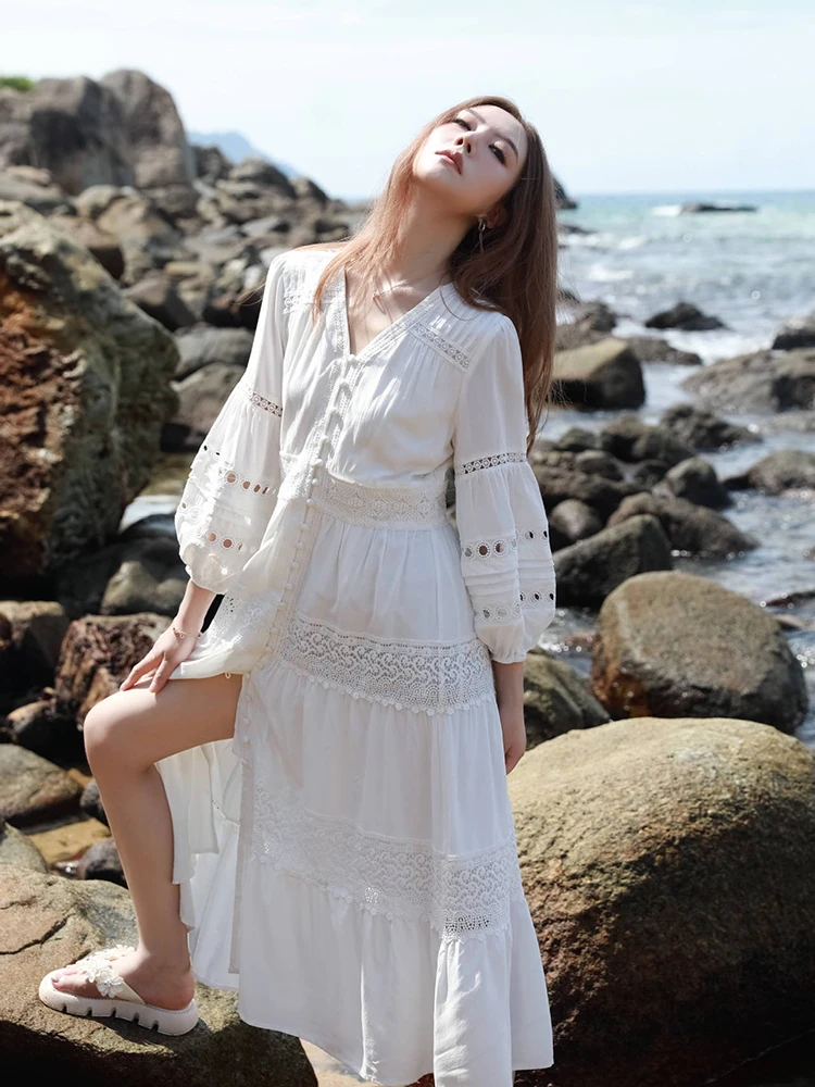 

Jastie 2023 White V-neck Long Sleeve Dress Summer Retro Hollow Splicing Lace Long Dress Seaside Vacation Beach Boho Vestidos