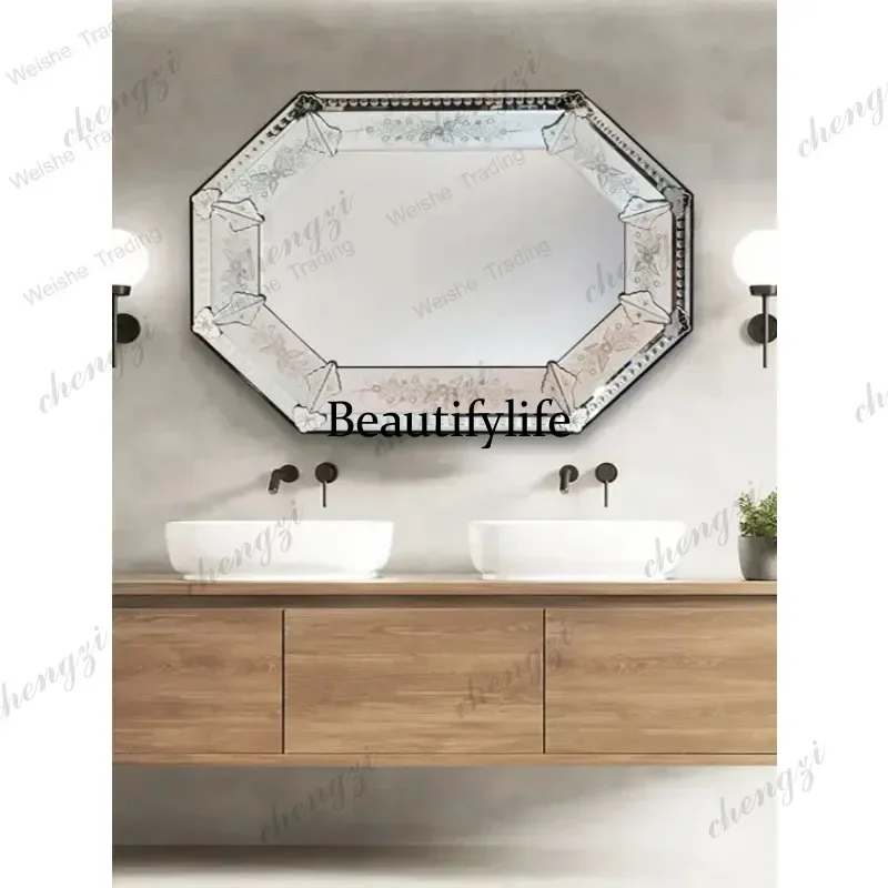 Y136 Vintage engraved bathroom wash mirror, dining side wall hanging decorative mirror, bedroom makeup mirror