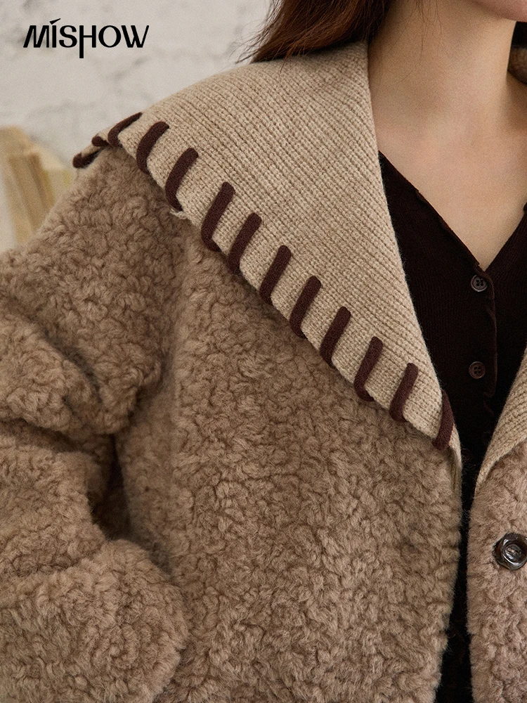 MISHOW chaquetas de invierno para mujer 2025 Retro tejido Patchwork cuello vuelto. Abrigo corto suelto cómodo abrigo para ir al trabajo MXE87W0989