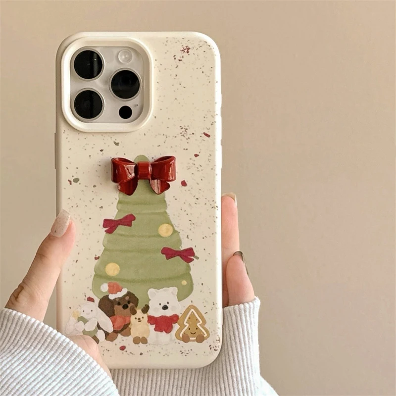 Ins Red Bowknot Christmas Tree Cute Animal Case For iPhone 12 13 14 15 16 Pro Max Plus Soft Silicone Phone Cover