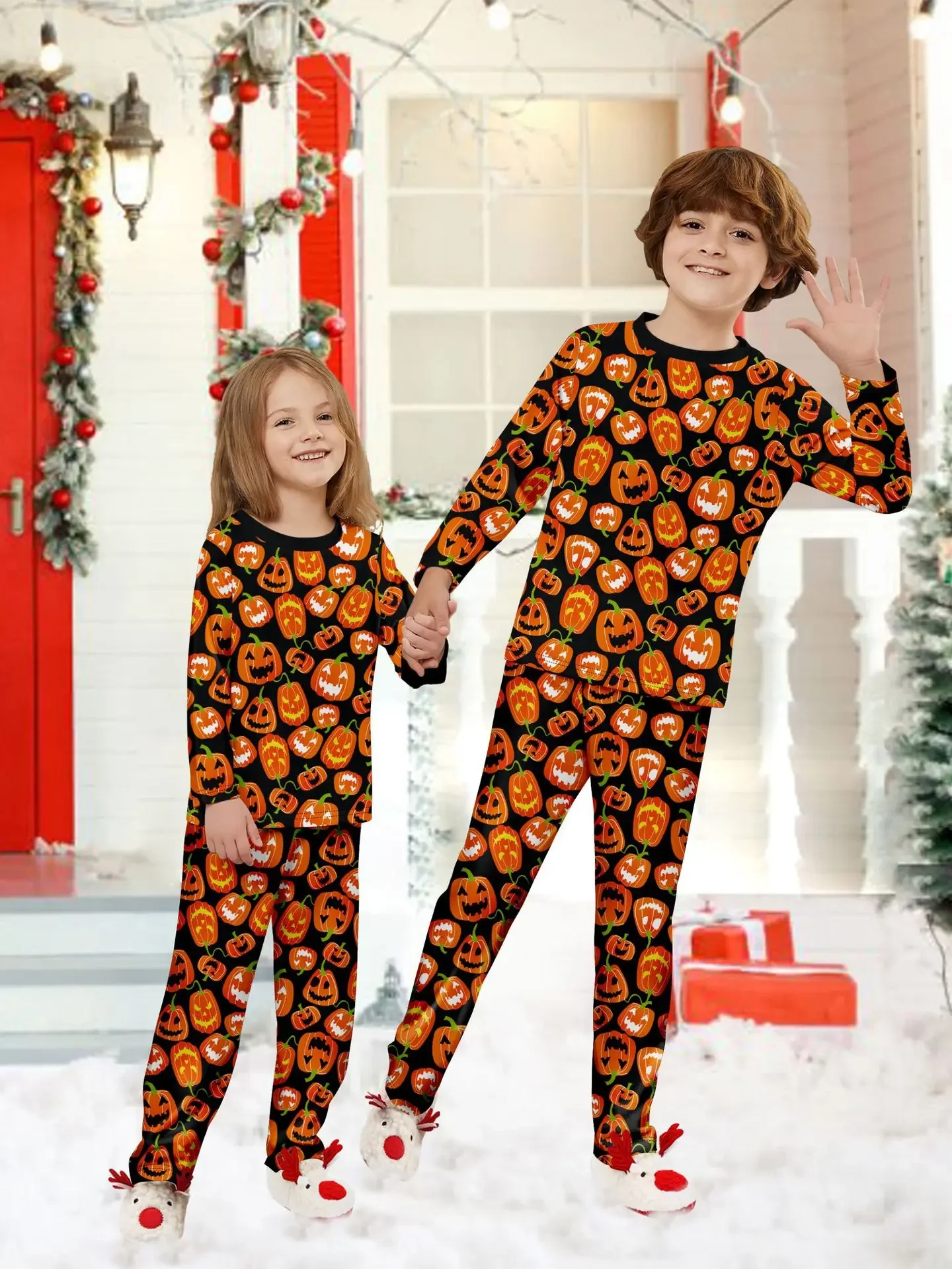 2024 New All Over Pumpkin Print Pajamas Set For Family/Couples/Kids Halloween Clothing Sets Soft Sleepwear Y2K Style Pyjamas