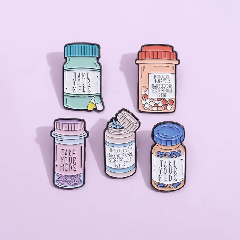 Take Your Meds Medicine Bottle Enamel Pins Custom Cute Cartoon Cup Brooch Lapel Badges Clothes Backpack Jewelry Gifts Wholesale