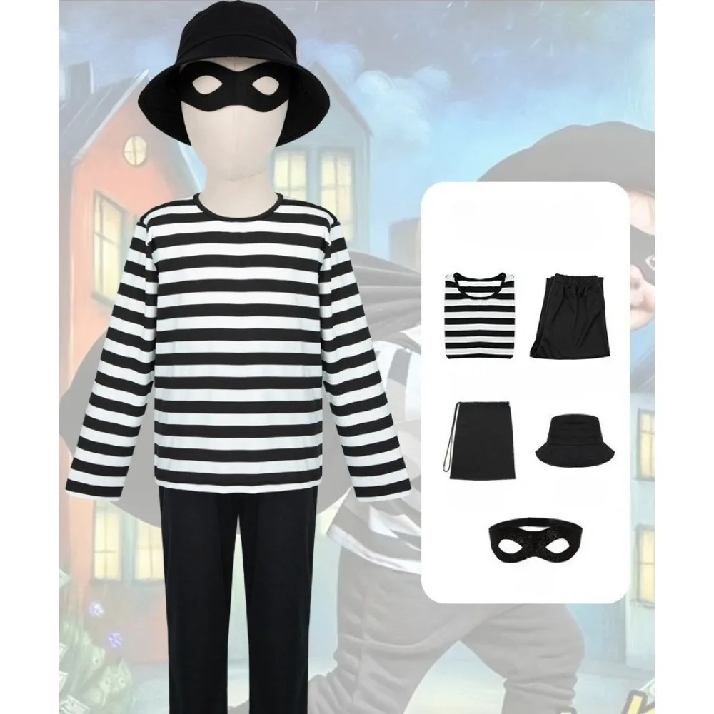 Thief Cosplay Costume Full Sets Burglar Black White Stripe for Kids Outfit Halloween Carnival Party Clothes Roleplay