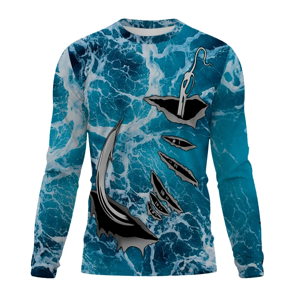 

3D Fishhook Print Long Sleeve T-Shirt For Men Autumn Outdoor Fishing Casual Sports Tees Loose Comfortable Breathable Man Clothes