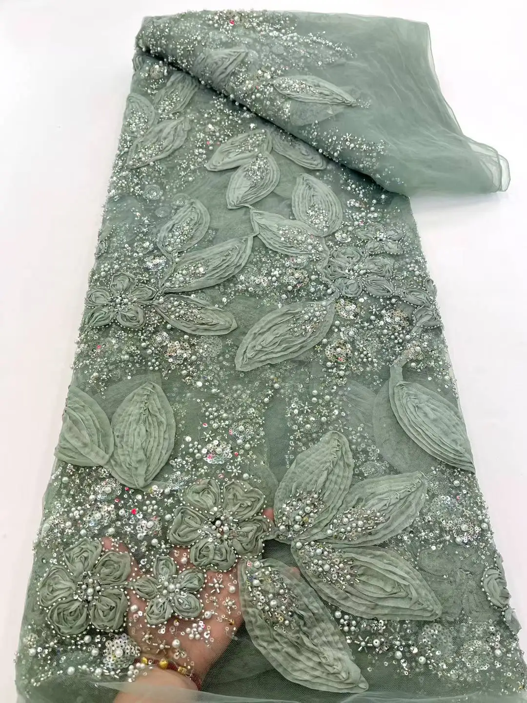 

2025 Latest African 3D Flower Lace Fabric Dubai Sequins Tulle Lace Fabric Groom Embroidered Applique Nigerian Fabric For Dress