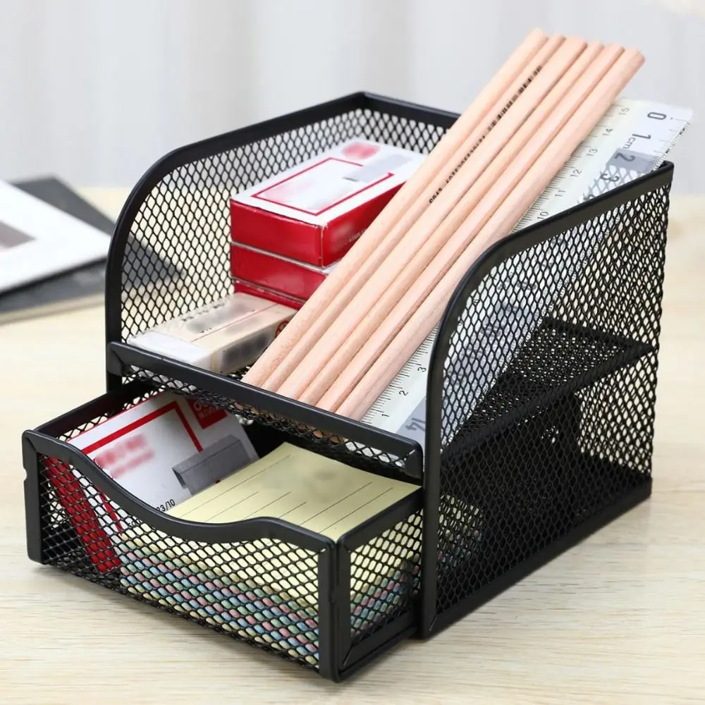 

Drawer Style Desk Stationery Organizer 4 Grid Space-saving Metal Pen Holder Box Mesh Large Capacity Pencil Storage Rack File