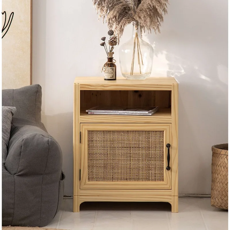 Kid's Bedroom Bedside Cabinet Natural Rattan Weaving Night Table Multifunctional Storage Cabinets 2 Layers Home Furniture