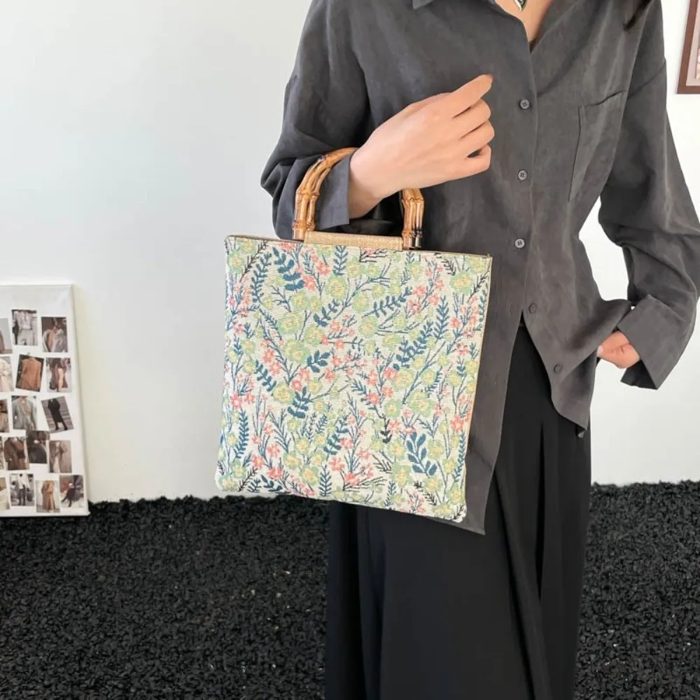Cloth Material Bamboo Knot Handbag Vintage Artistic Jacquard Tote Bag Floral Flower Print Large Capacity Chinese Style Tote