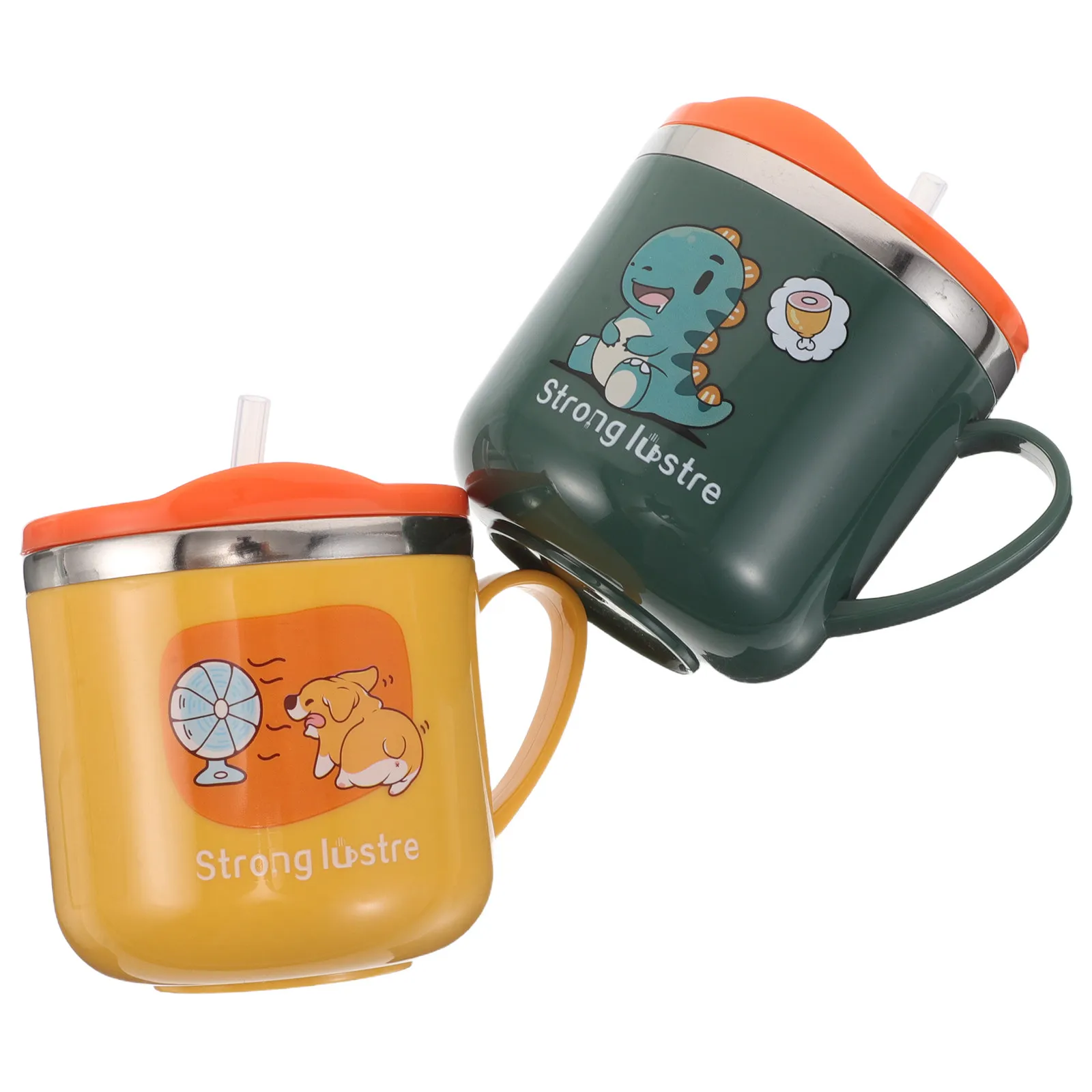 2Pcs Stainless Steel Kids Cups Cartoon Design Double Layer Insulated Spill Proof Straw Lid for School Outdoor Home Use