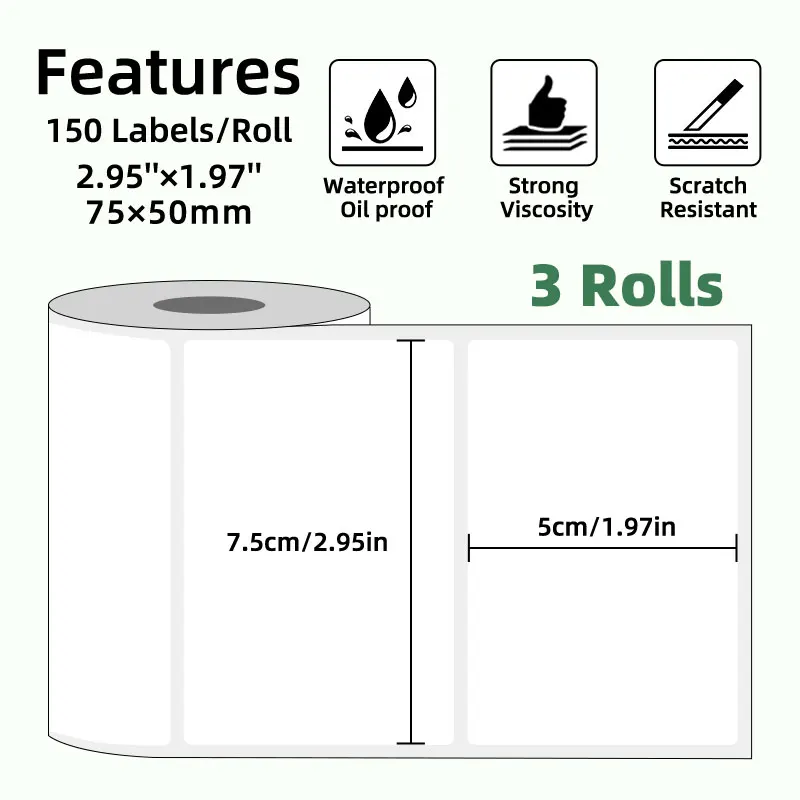 10 Rolls of Thermal Labels, 75 X 50mm, 150 Labels/Roll, Self-Adhesive Labels Suitable for B1 / B21 / B3S Label Printers, Suitable for Clothing, Jewelry, Postal Sending, Barcodes, and Small Businesses