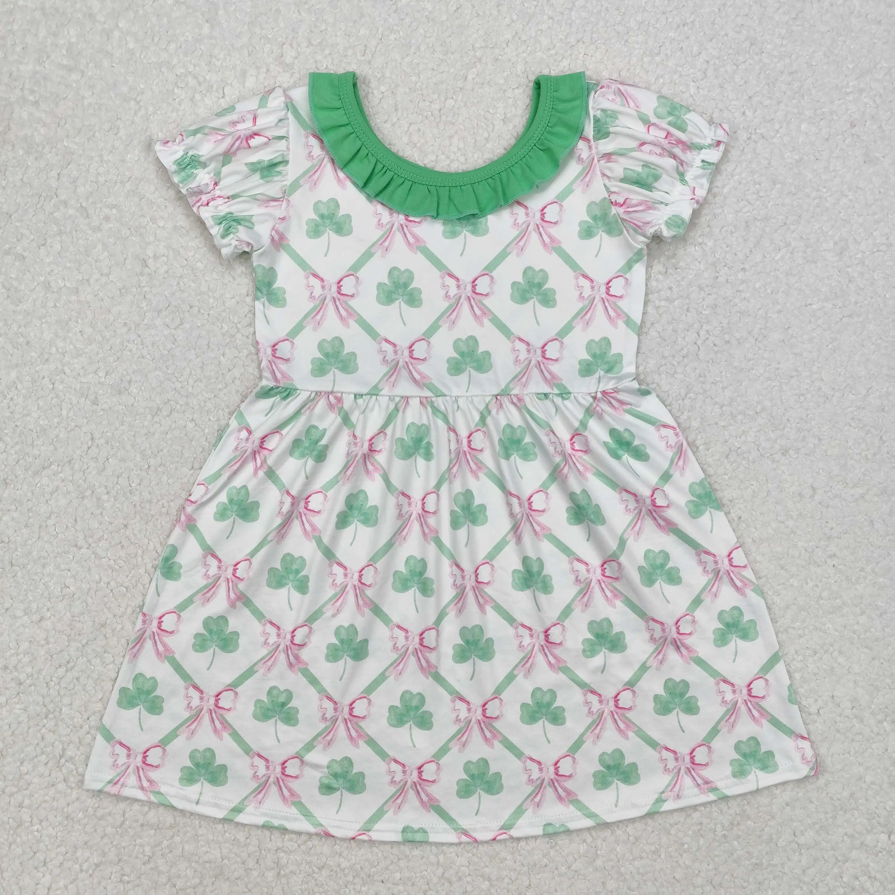 

Girls St. Patrick's Day New rts dress Wholesale Boutique Four Leaf Clover Butterfly Pattern Summer Short Sleeve Girls Dress