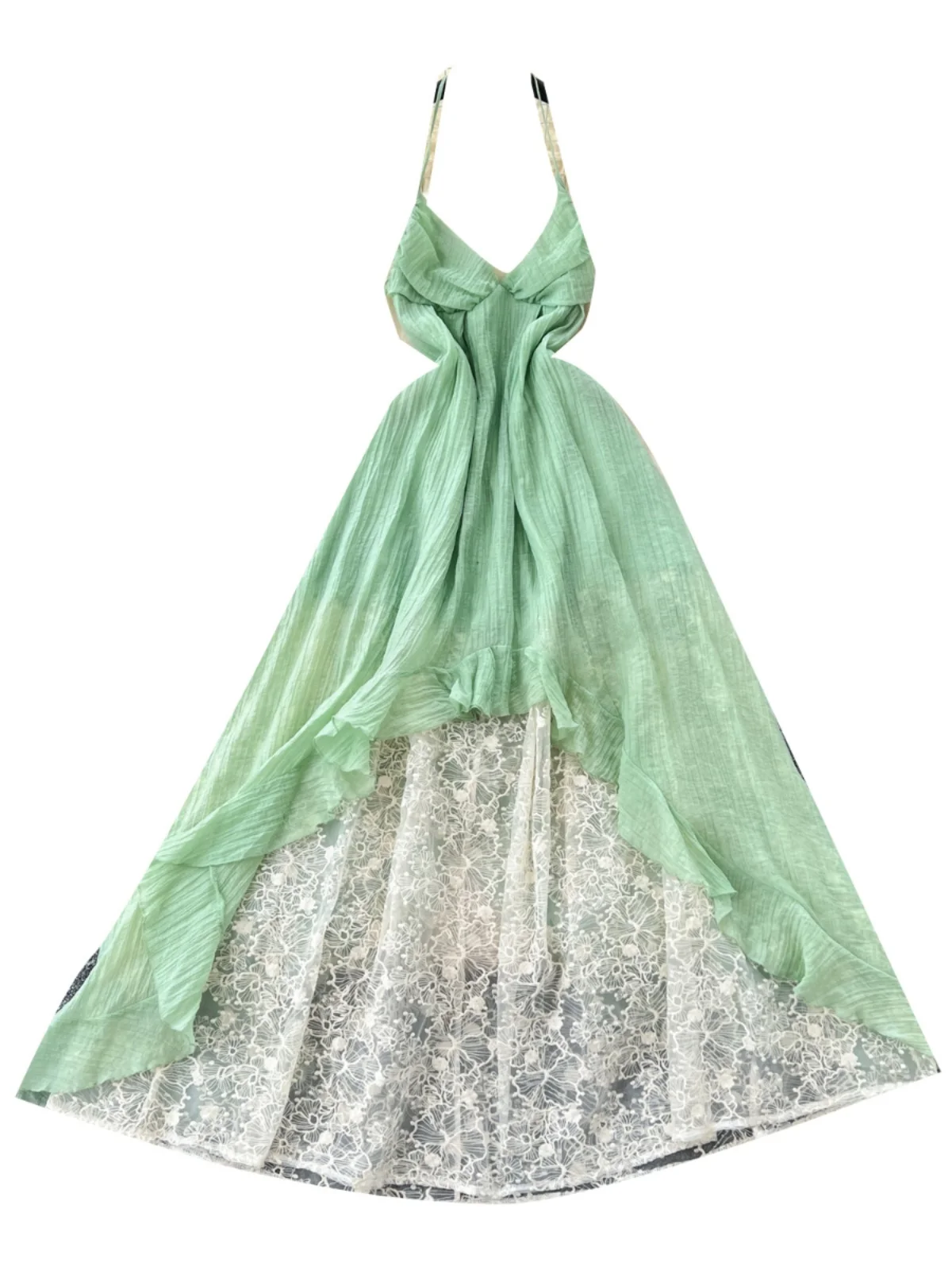 Vaion Feel Vestido de mujer Aósfera de hadas Cintura alta Empalme de encaje Vestido largo asimétrico Estilo coreano Viaj...